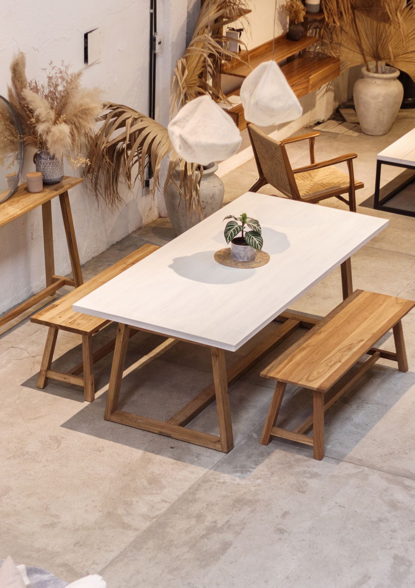 Mesa Helena - Tapa Paraíso Patinada  - Base Loro Blanco
