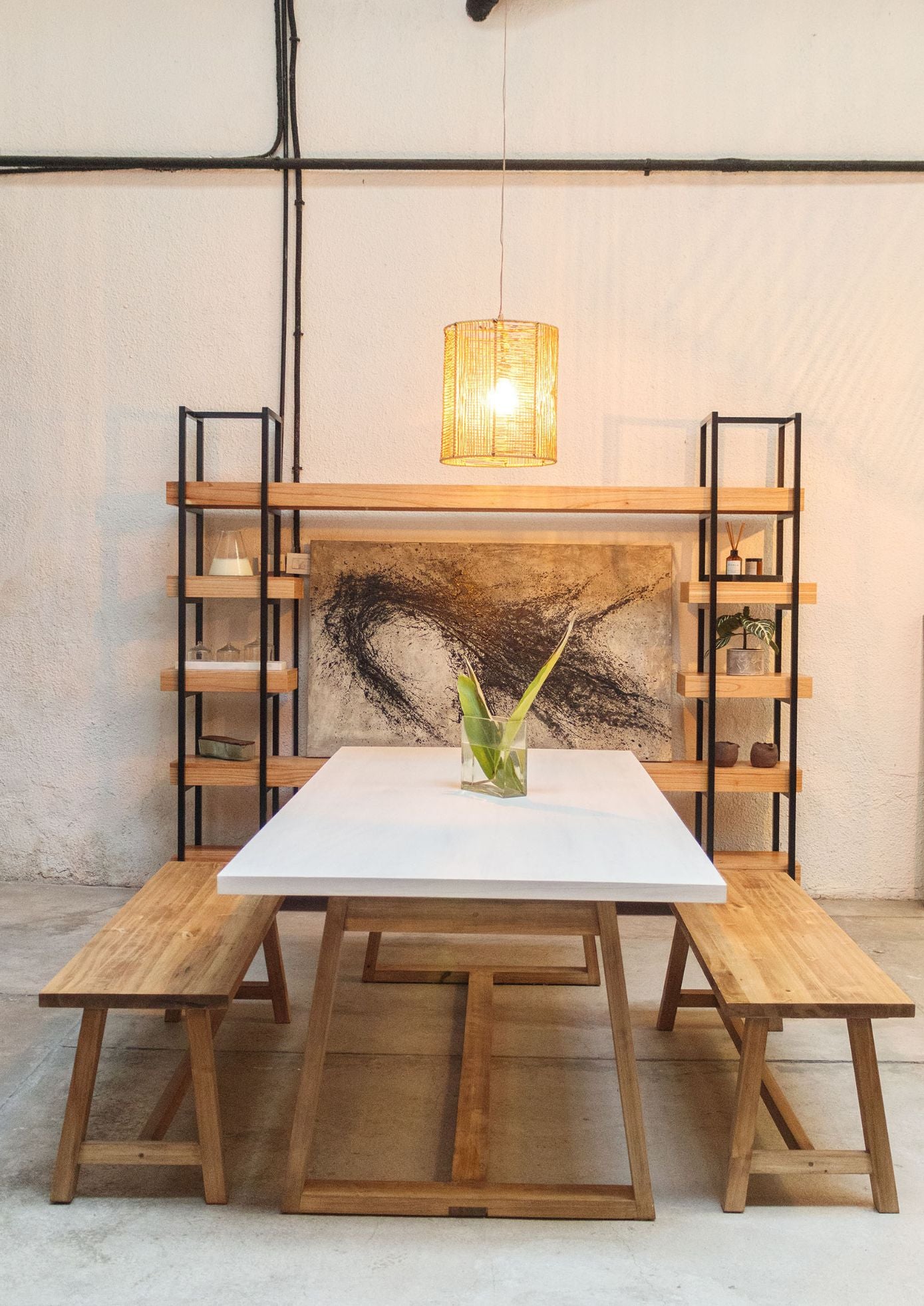 Mesa Helena - Tapa Paraíso Patinada - Base Loro Blanco